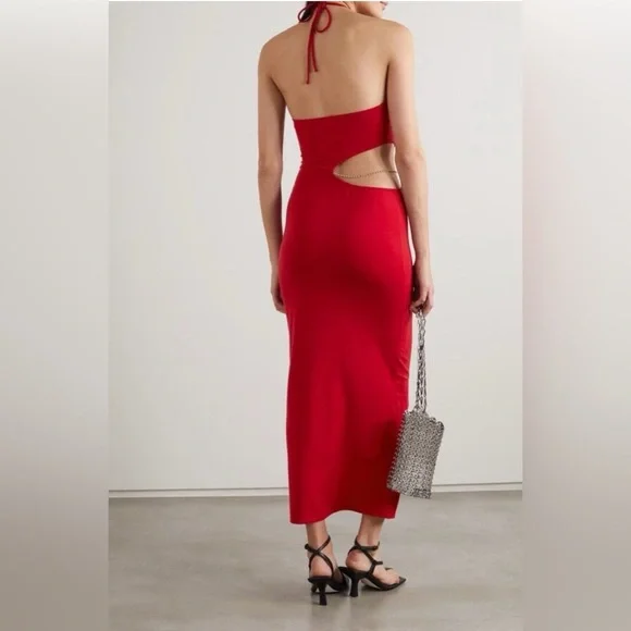 Reformation Net Sustain Helio Cutout Red Halter Dress without Rhinestone Chain - Picture 4 of 7